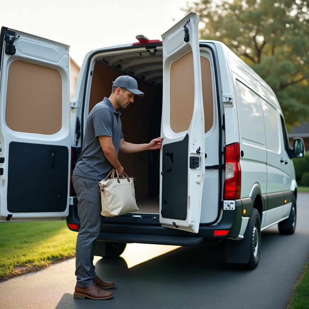 Handyman service vehicle parked in a residential driveway with tool bags being unloaded