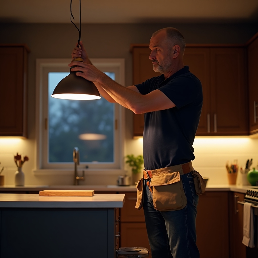 Technician installing a new light fixture in a residential kitchen