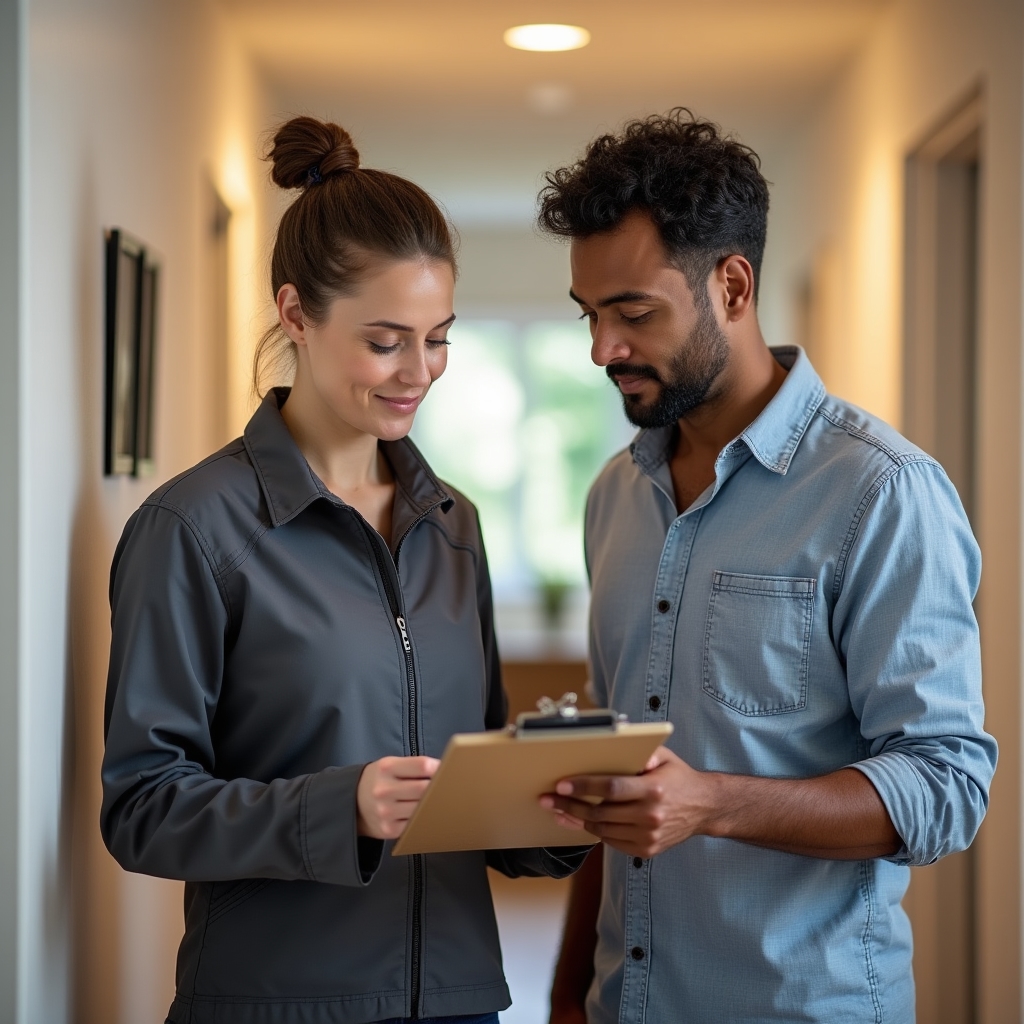 Handyman and homeowner reviewing a repair checklist together in a home hallway