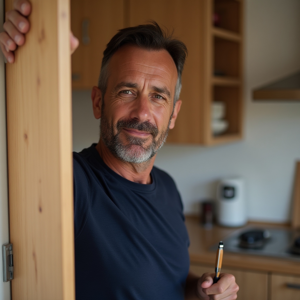 Technician adjusting a kitchen cabinet door hinge and drawer slide