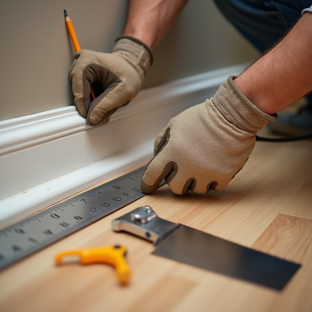 Close-up of a technician measuring and cutting baseboard trim for a repair