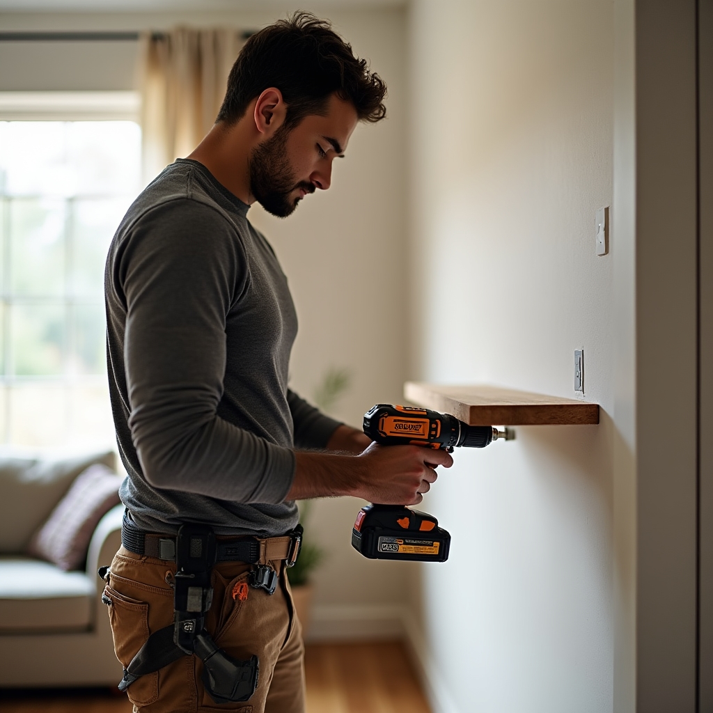 Handyman technician securing a wall shelf bracket with a power drill